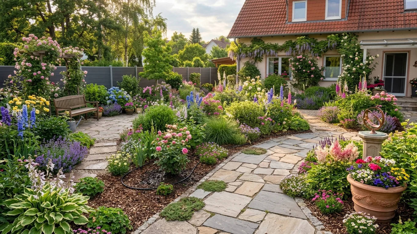 Angelegter Garten mit Staudenbeeten, Plattenweg und Pflanzkübeln