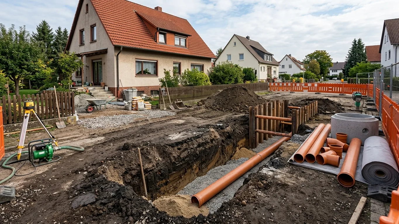 Offener Rohrgraben mit Kanalrohren vor Wohnhäusern